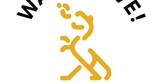Pixelated logo of Walkative tours in Krakow, with a yellow walking figure.