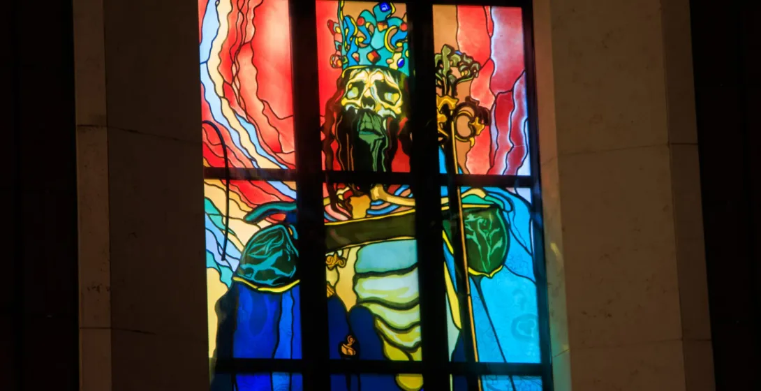Stained glass window of a king in Krakow.