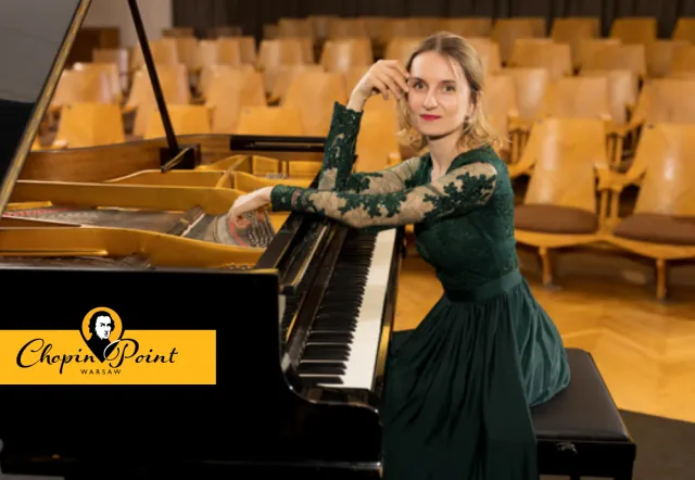 Pianist at a grand piano in a Warsaw concert hall.