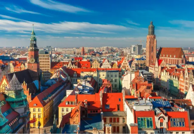 Panoramic view of Wrocław's Old Town, showcasing its colorful architecture and iconic landmarks.