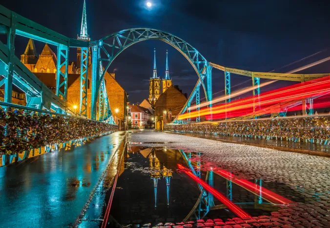 Tumski Bridge at night in Wroclaw, Poland.