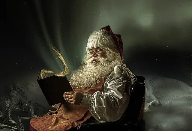 Santa Claus reading a magical book in a winter wonderland.