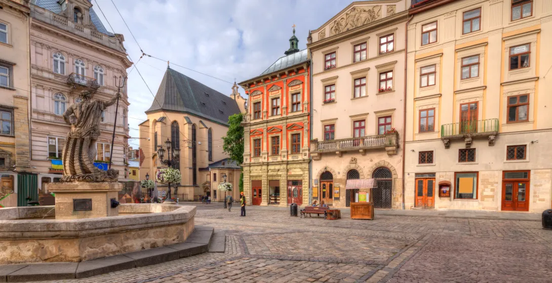Rynok Square in Lviv with Neptune fountain.