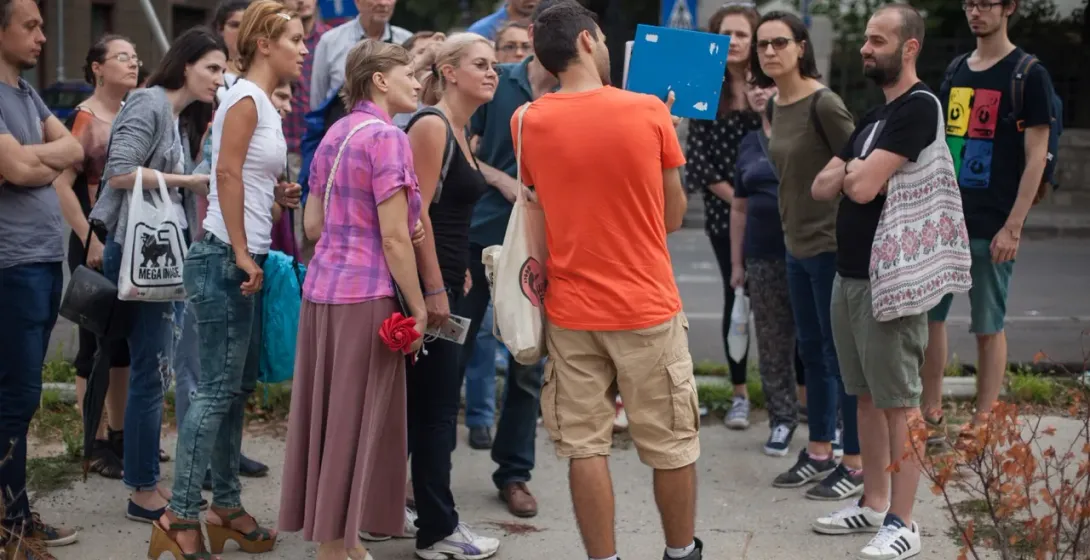 A guided walking tour in Bucharest, Romania.