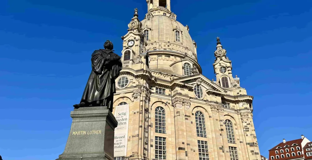 The Frauenkirche in Dresden, Germany, with a statue of Martin Luther.