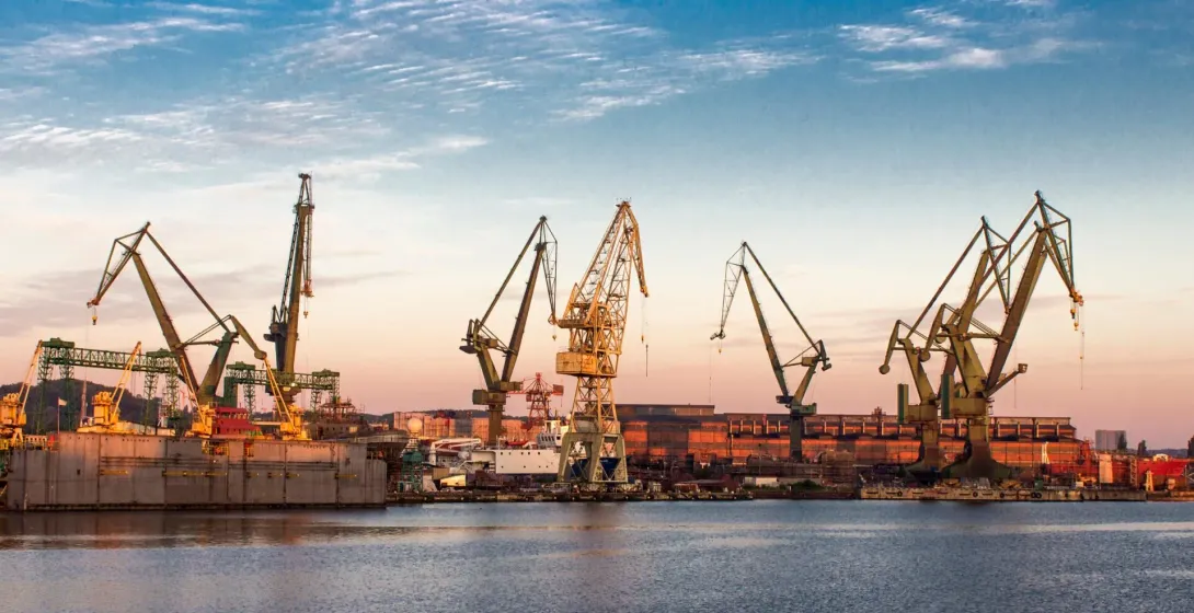 Sunset over the Gdańsk shipyard, Poland.