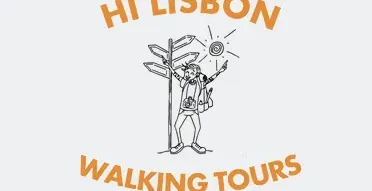 Logo for Hi Lisbon Walking Tours: A cartoon traveler points towards the sun, symbolizing guided walking tours in Lisbon.