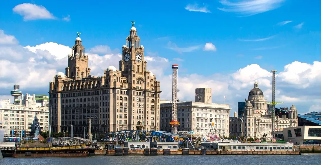 Stunning view of Liverpool's Royal Liver Building and waterfront.