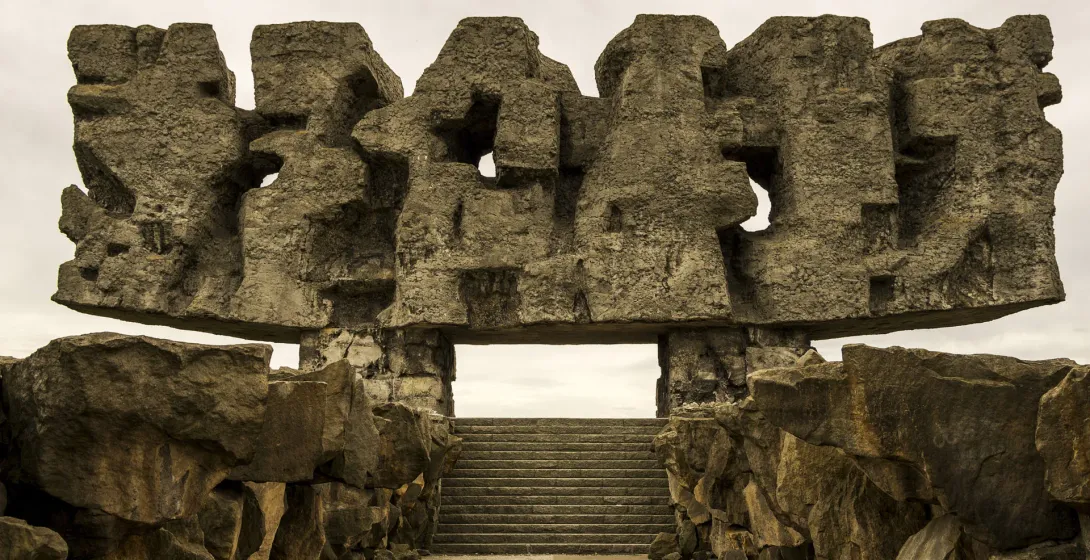 Stone monument at Majdanek Concentration Camp in Lublin, Poland.