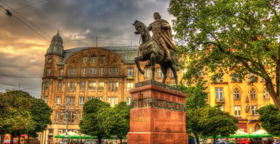 Equestrian statue of King Danylo in Lviv's city square.