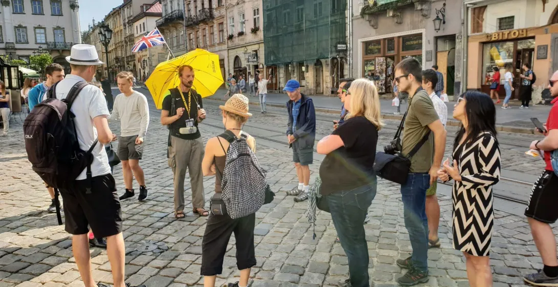 A guided walking tour in Lviv, Ukraine.
