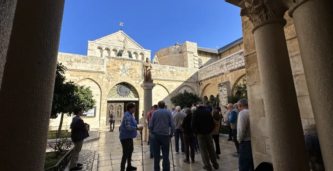 A tour group visits the Basilica of the Annunciation in Nazareth, Israel.