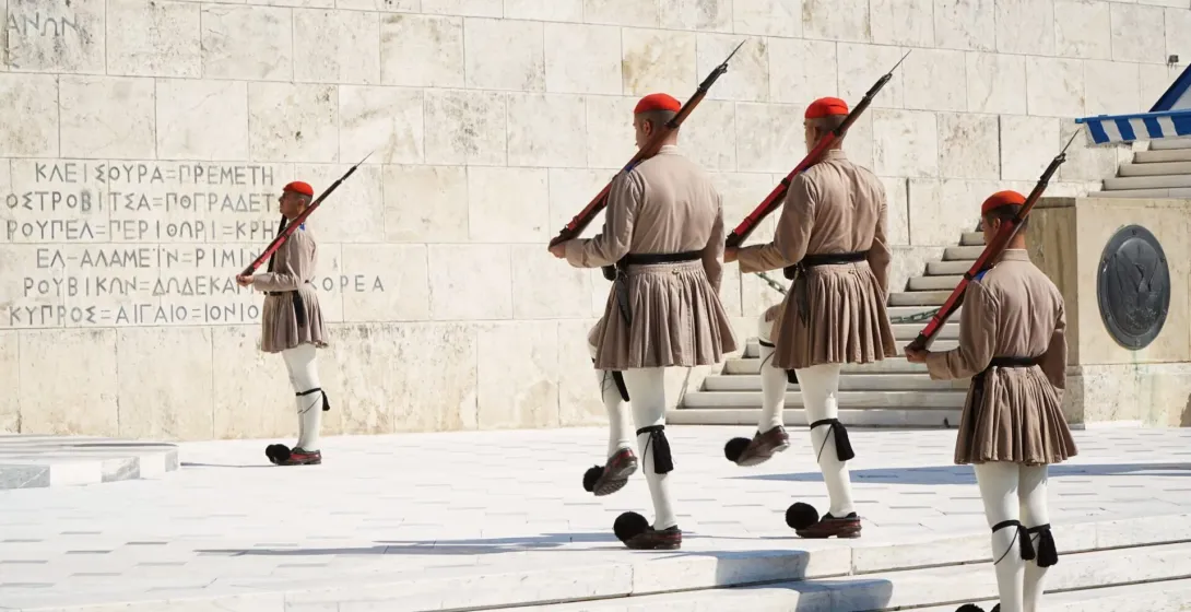 Evzones performing the Changing of the Guard in Athens, Greece.