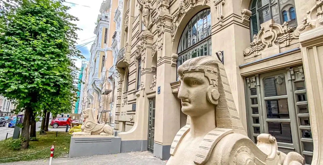 Art Nouveau building in Riga, Latvia, with sphinx statues.