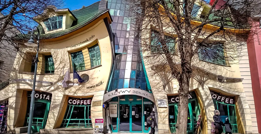 The whimsical Krzywy Domek (Crooked House) in Sopot, Poland.