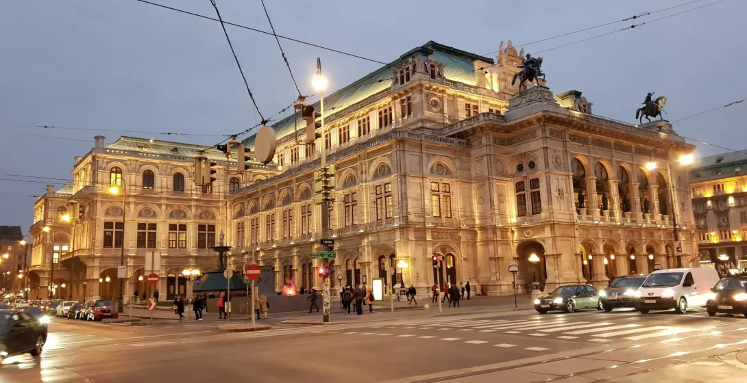 Vienna State Opera at dusk, a beautiful landmark.