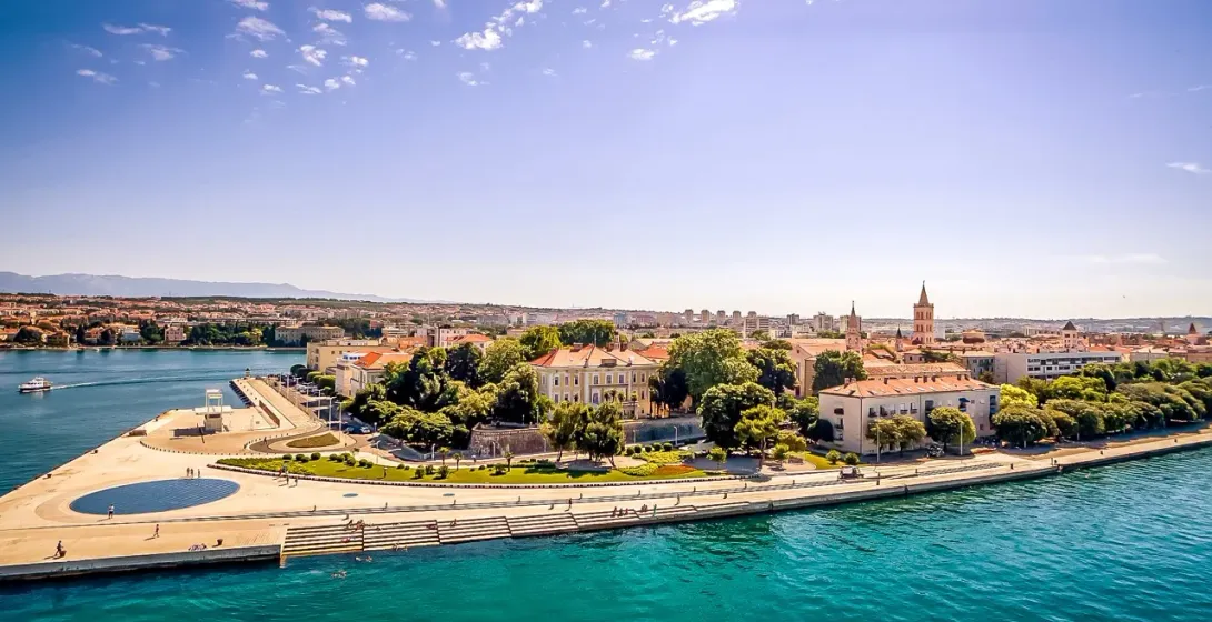 Aerial view of Zadar's stunning waterfront promenade.