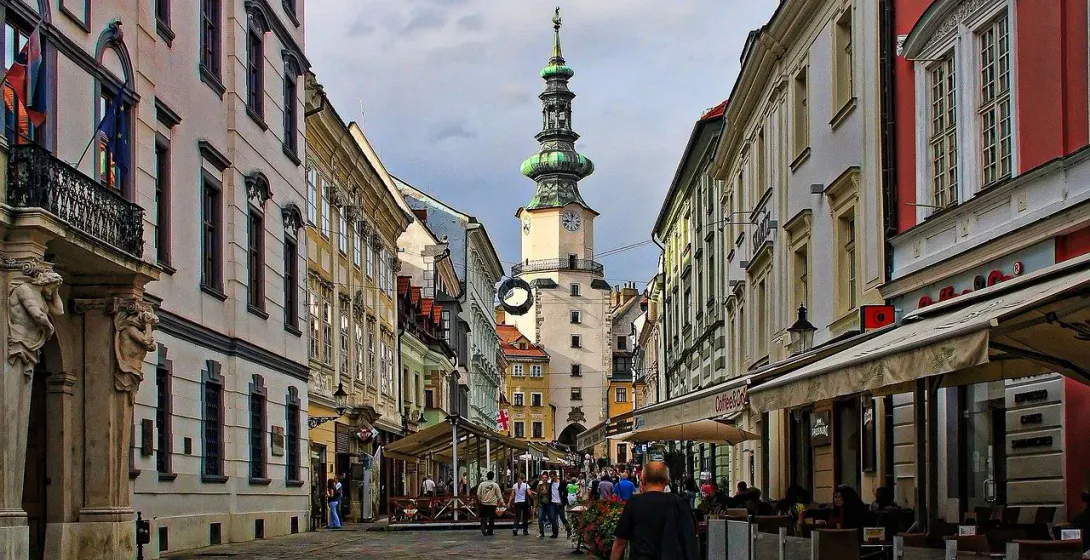 Bratislava Old Town street view with Michael's Gate.