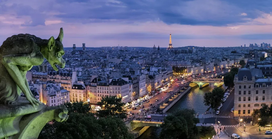Paris cityscape with Notre Dame gargoyle and Eiffel Tower.