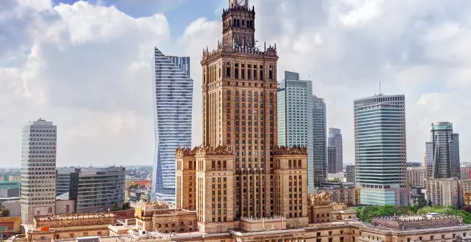 Warsaw skyline featuring the Palace of Culture and Science.