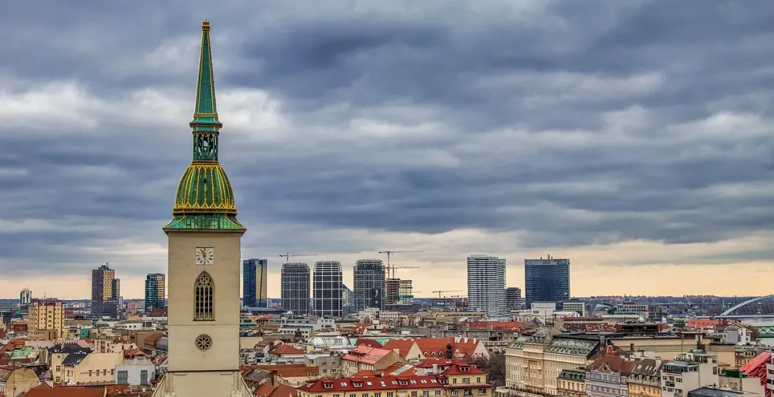 Panoramic view of Bratislava, Slovakia, featuring St. Martin's Cathedral.