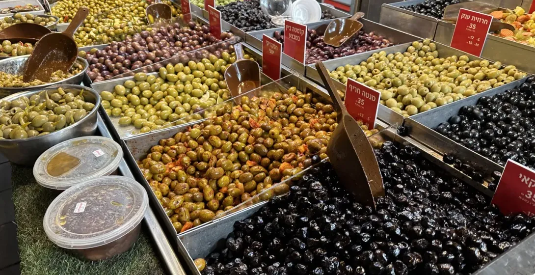 Assorted olives on display at the Machane Yehuda Market in Jerusalem.