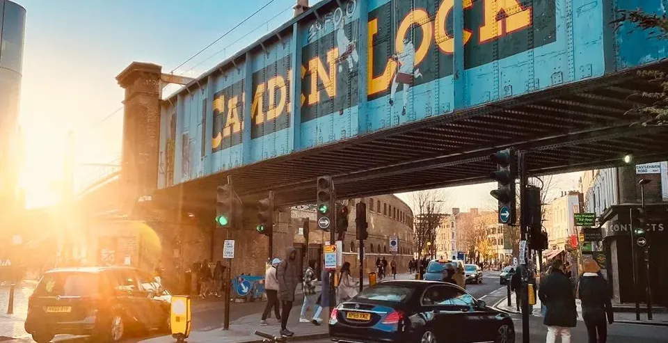 Sunset view of Camden Lock in London, England.