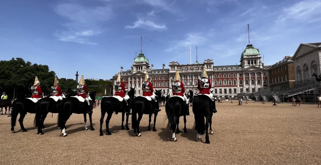 Mounted Household Cavalry at Horse Guards Parade in London.