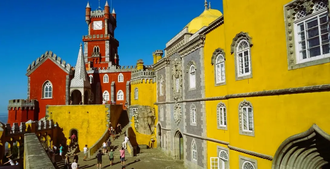 Pena Palace in Sintra with tourists.