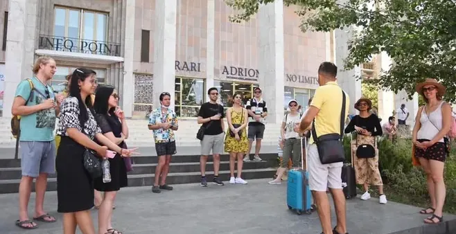 A guided tour group in Tbilisi, Georgia.