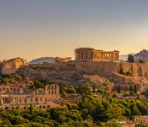 Sunset view of the Acropolis in Athens, Greece.