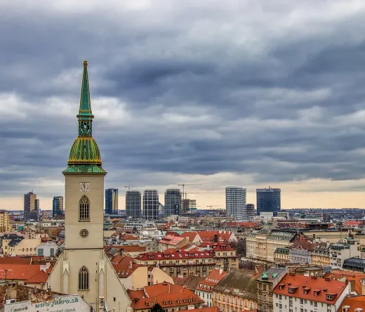 Panoramic view of Bratislava, Slovakia, featuring St. Martin's Cathedral.