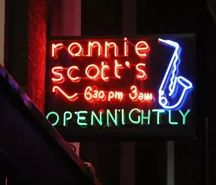 Neon sign for Ronnie Scott's Jazz Club in London.