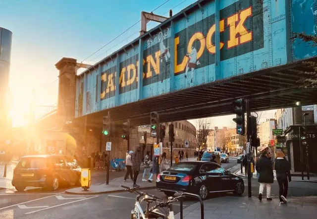 Sunset view of Camden Lock in London, England.