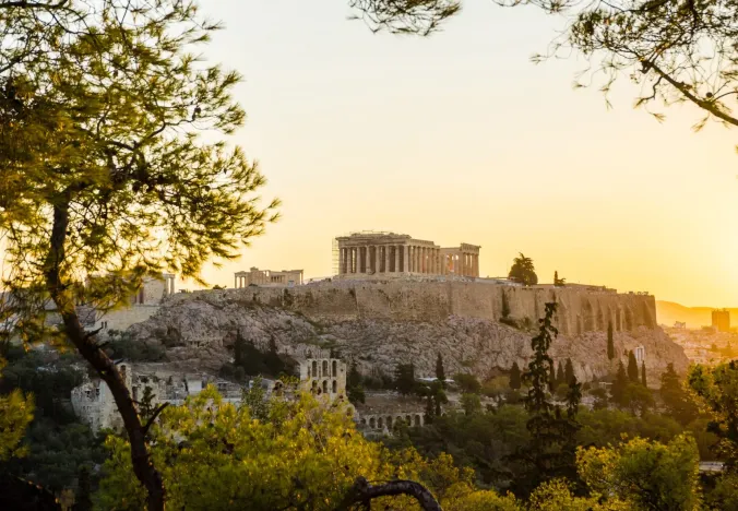 Sunset view of the Acropolis in Athens, Greece.
