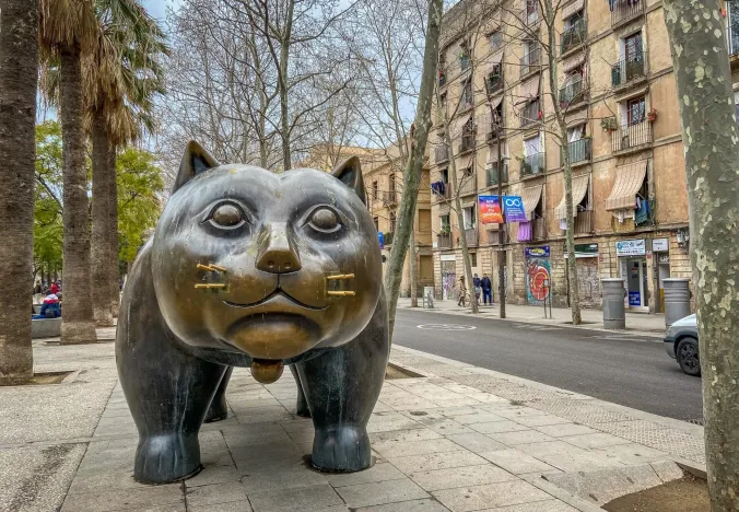 Bronze cat sculpture in El Raval, Barcelona.
