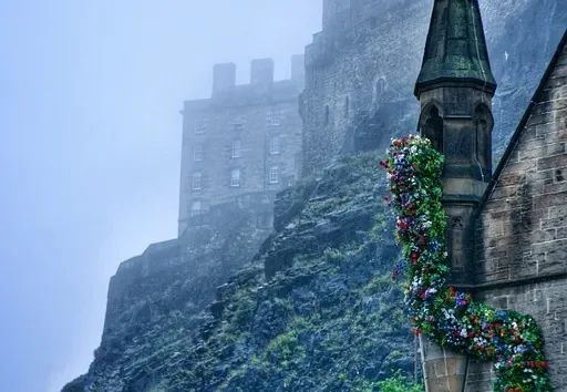 Edinburgh Castle shrouded in fog, with a flower-decorated building in the foreground.