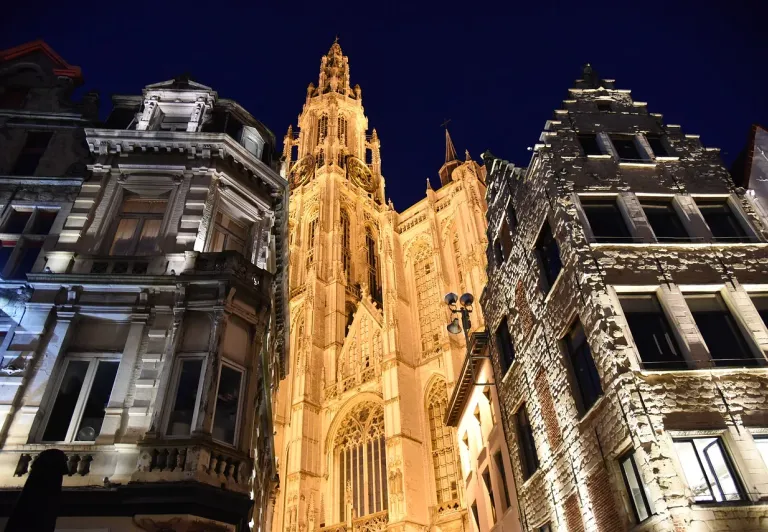 Antwerp's Our Lady's Cathedral illuminated at night during a Dark Stories tour.