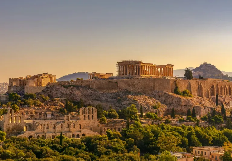 Sunset view of the Acropolis in Athens, Greece.