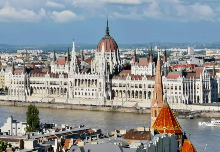 Panoramic view of the Hungarian Parliament Building in Budapest.