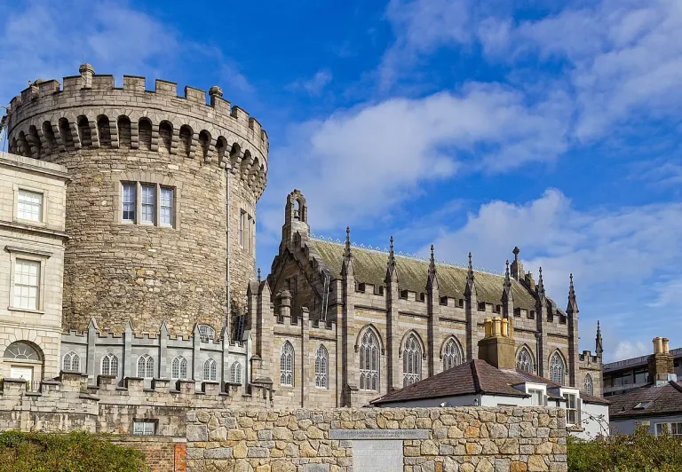 Dublin Castle's Round Tower and Chapel Royal on a sunny day.