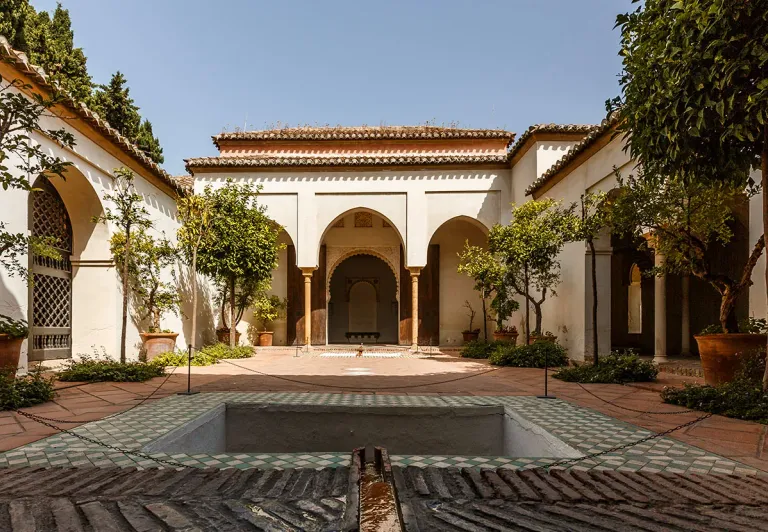 Peaceful courtyard at the Alcazaba in Malaga, Spain.