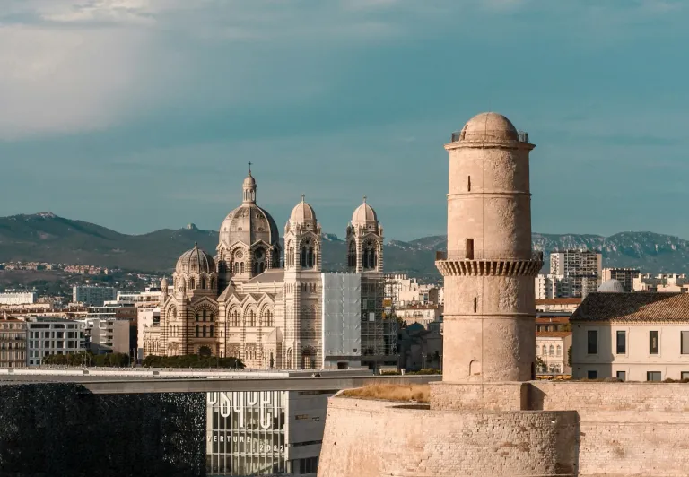 Marseille's stunning waterfront, featuring Saint-Jean Castle and the Cathedral.