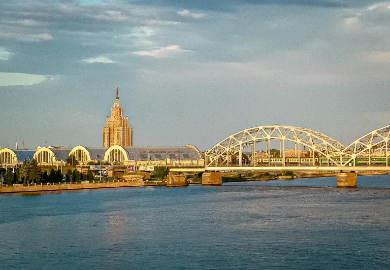 Riga skyline: Academy of Sciences, Central Market, and Railway Bridge.