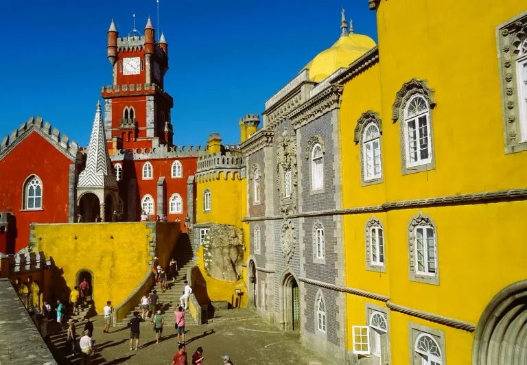 Pena Palace in Sintra with tourists.