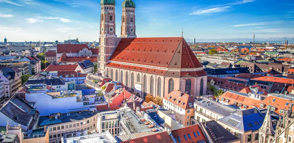 Aerial view of Munich featuring the Frauenkirche.