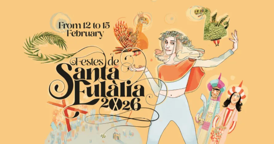 Illustrated poster for the 2026 Festes de Santa Eulàlia in Barcelona featuring traditional figures.