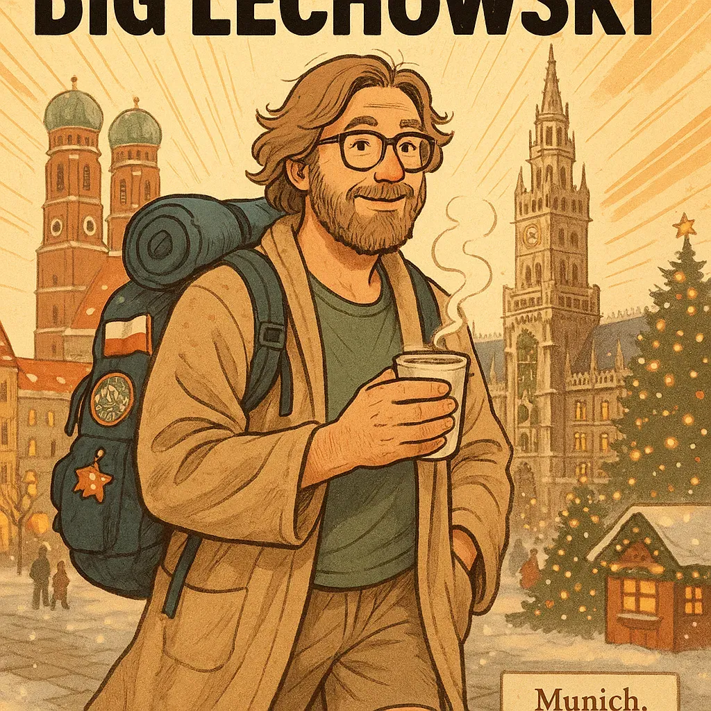 Illustration of "The Big Lechowski," a traveler in Munich's Christmas market with the Frauenkirche in the background.