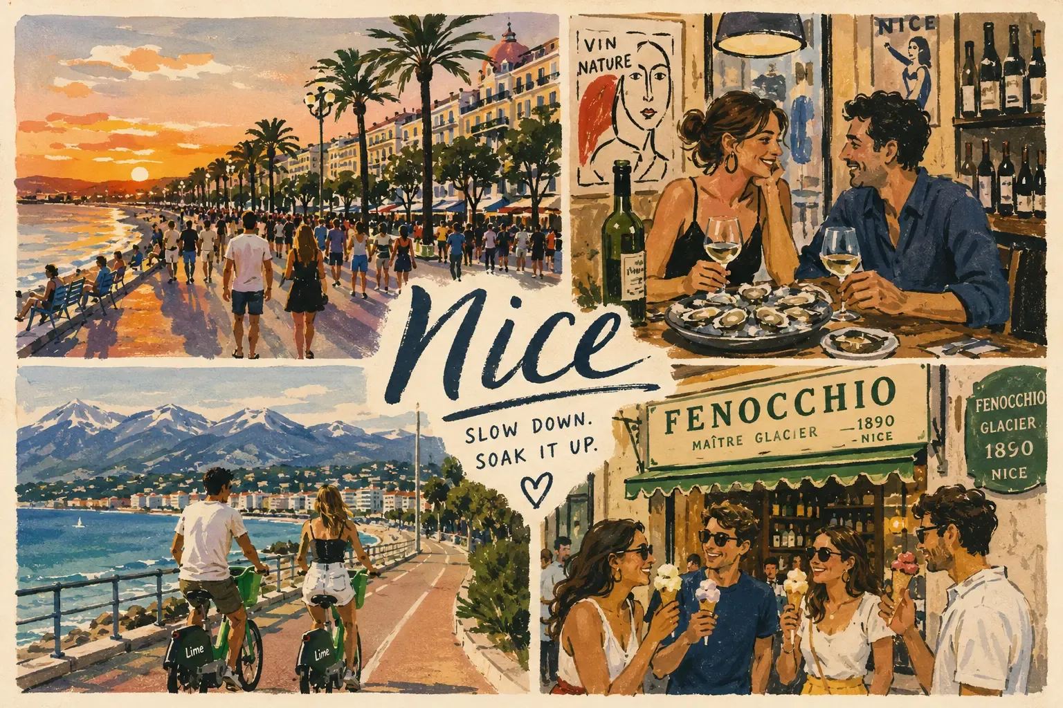 A collage-style illustration of Nice, showing scenes of the promenade, a bistro, and the coast with the Alps.