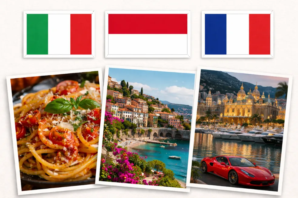 Collage of Italy, Monaco, and France flags above photos of pasta, a coastal town, and Monte Carlo casino.